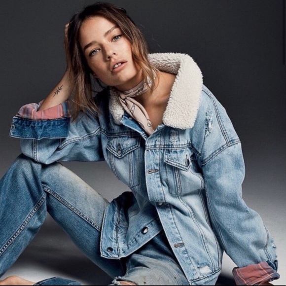 Free People Faux Fur Trimmed Denim Jacket
